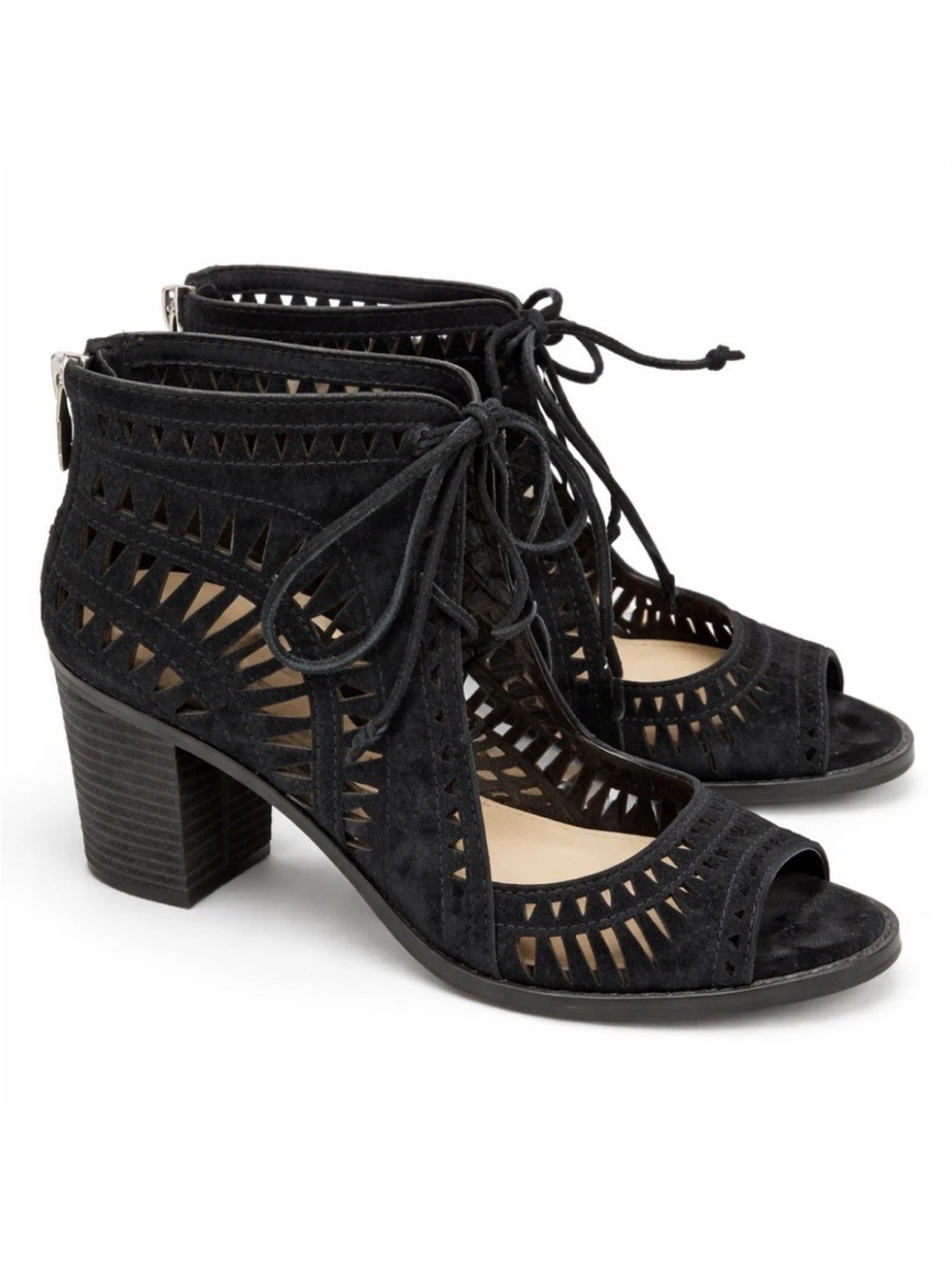 Vince Camuto Tarita Cutout Lace-Up Black Suede Cage Sandals 8.5 Black Block Heel